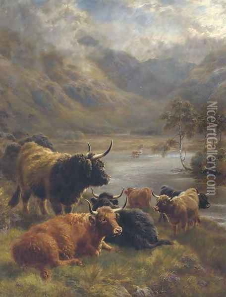 Highland cattle in a loch landscape Oil Painting - William Watson