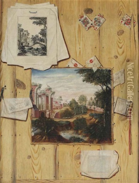 A Trompe L'oeil Of A Wooden Panelling With A Painted Canvas Of A Landscape Capriccio, A Pile Of Prints With A Repetition Of The Painted Subject... Oil Painting - Jacobus Plasschaert