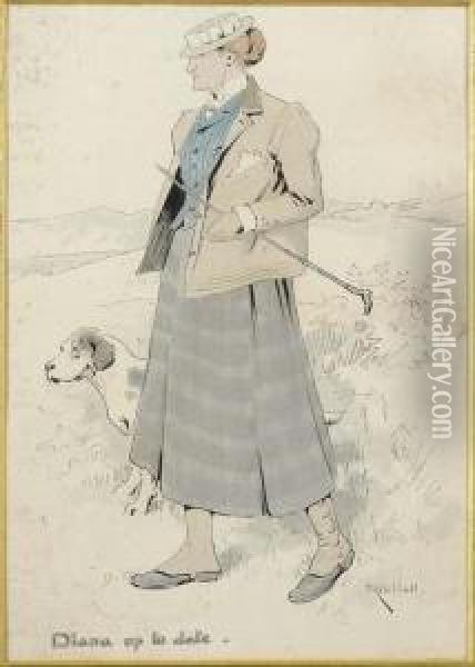 Portrait Of Anedwardian Country Lady, Walking Her Working Dog Over Moorland Oil Painting - Frederick Hall