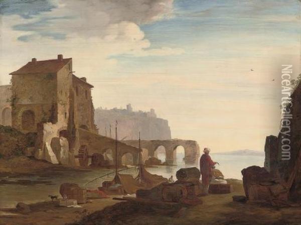 A Mediterranean Harbour With Elegant Figures By A Quay, A Village Beyond Oil Painting - Abraham Storck