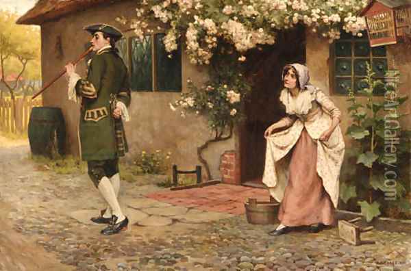 An encounter outside the cottage Oil Painting - A.C. Cooke