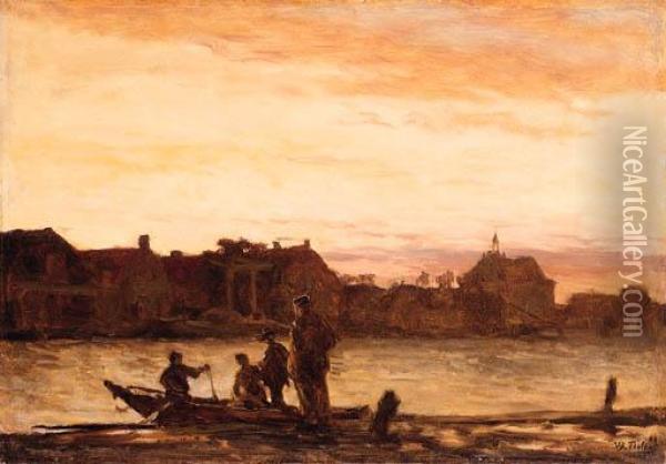 A View Of A Town Along A River With Figures In A Rowing-boat By Aquay Oil Painting - Willem Bastiaan Tholen