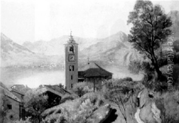 A Clock Tower In A Town, With Lake Geneva Beyond Oil Painting - T. Bryant Brown