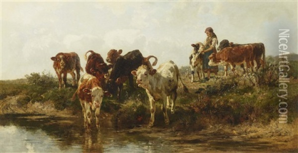 Maid With Young Cattle At The Brook Oil Painting - Anton Braith