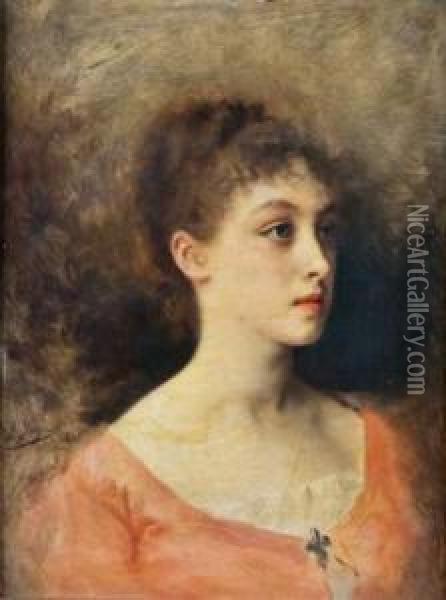 Portrait De Femme A La Robe Rouge Oil Painting - Gustave Jean Jacquet