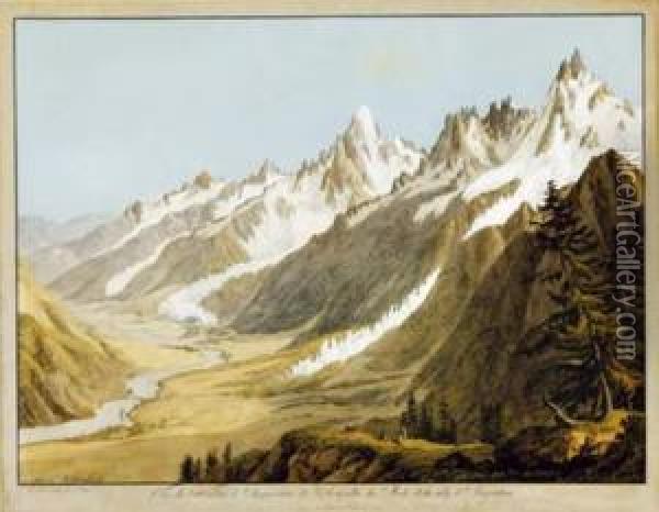 Vue De La Vallee De Chamounix, De L'aiguille Du Midi Et De Celle D'argentiere Oil Painting - Jean Antoine Linck