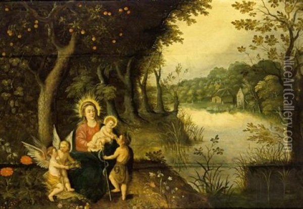 The Madonna And Child With St. John And Putti In A Wooded River Landscape, A Village Beyond Oil Painting - Peeter Van Avont