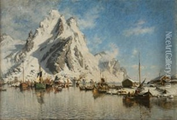 Vintermorgen I Svolvaer Oil Painting - Gunnar Berg