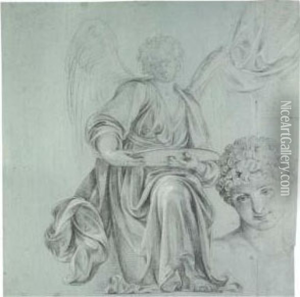 A Kneeling Angel Presenting A Salver, With Subsidiary Studies Of His Head And Drapery Oil Painting - Antonio Cavallucci
