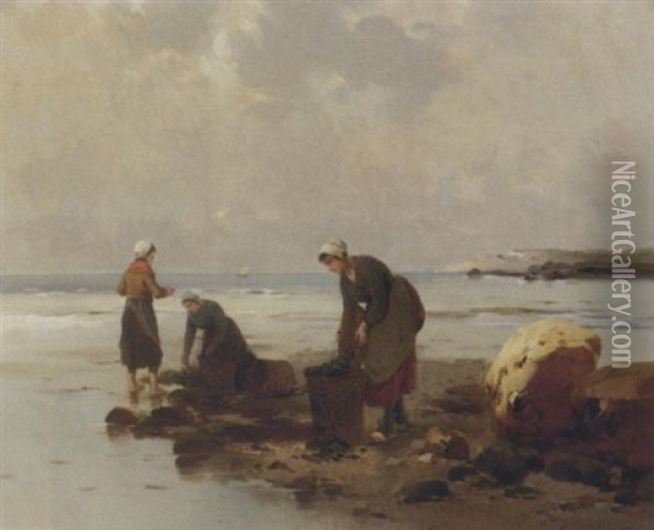 The Mussel Gatherers Oil Painting - Georges Jean Marie Haquette