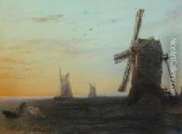 Cattle By A Windmill On The Broads Oil Painting - Henry Bright