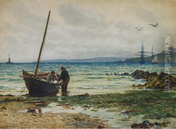 Mending Nets Off Pendennis Castle Oil Painting - Charles Napier Hemy