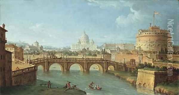 The Tiber, Rome, looking downstream with the Castel and Ponte Sant'Angelo, Saint Peter's and the Vatican, Santo Spirito in Sassia Oil Painting - Antonio Joli