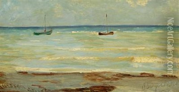Coastal Scenery With Smaller Boats At Anchor At Bogeskov Beach Oil Painting - Rudolf Bissen