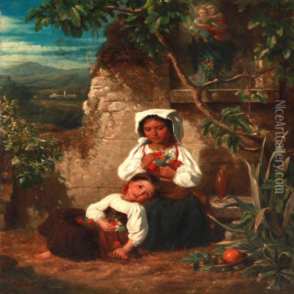 Italian Landscape With Two Little Girls With Bunches Of Flowers At A Roadside Altar Oil Painting - Carl Gottfried Eybe