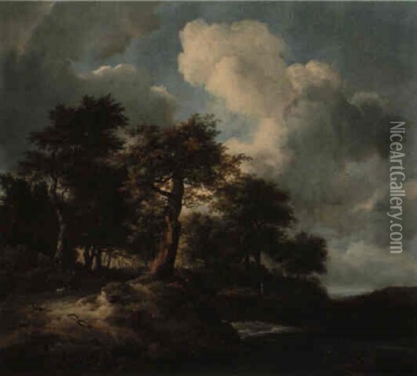 A Landscape With A Torrent At The Margin Of A Wood And Figures On A Road Oil Painting - Jacob Van Ruisdael