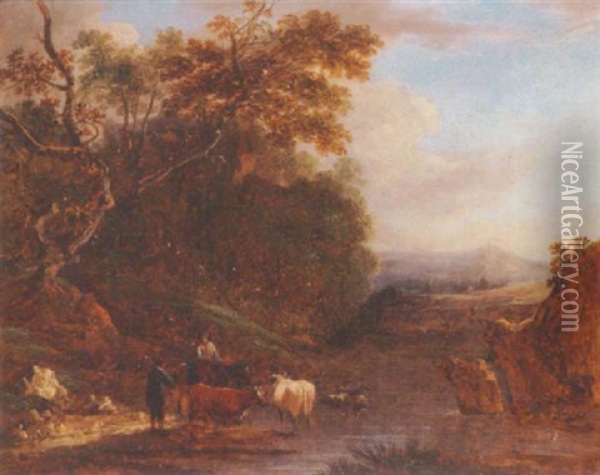 A Wooded Landscape With A Cowherd Watering His Livestock And Conversing With A Traveller Oil Painting - Benjamin (of Bath) Barker