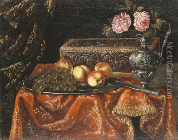 A Still Life With Grapes And Peaches On A Pewter Plate, Together With An Inlaid Coffer And Roses In A Pewter Ewer On A Table Draped With A Red Embroidered Cloth Oil Painting - Antonio Gianlisi