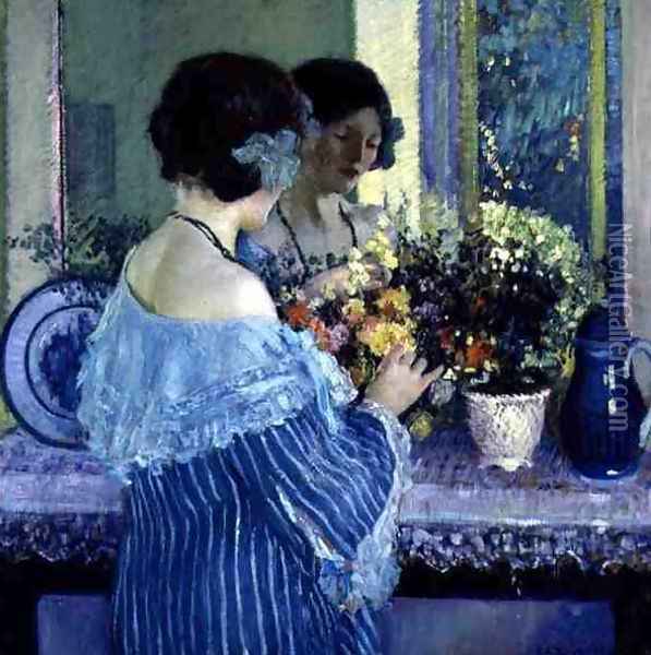 Girl in Blue Arranging Flowers Oil Painting - Frederick Carl Frieseke