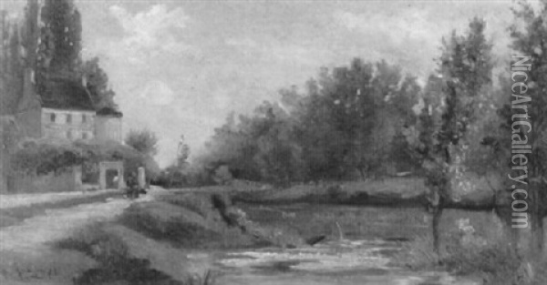 Landhaus Am Flussufer Oil Painting - Alfred Mouillon