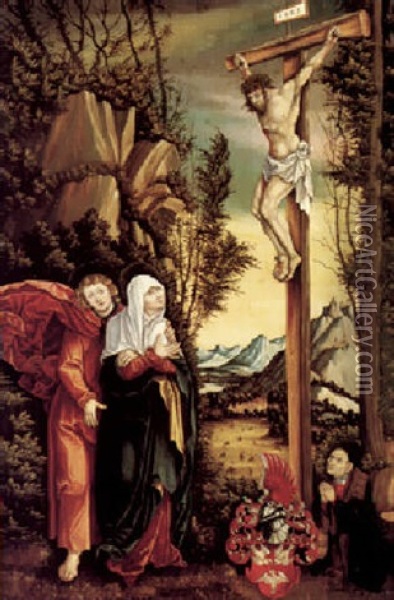 A Rocky Landscape With Christ On The Cross, Mourned By Saint John The Evangelist And The Virgin, And A Donor Oil Painting - Lucas Cranach the Elder