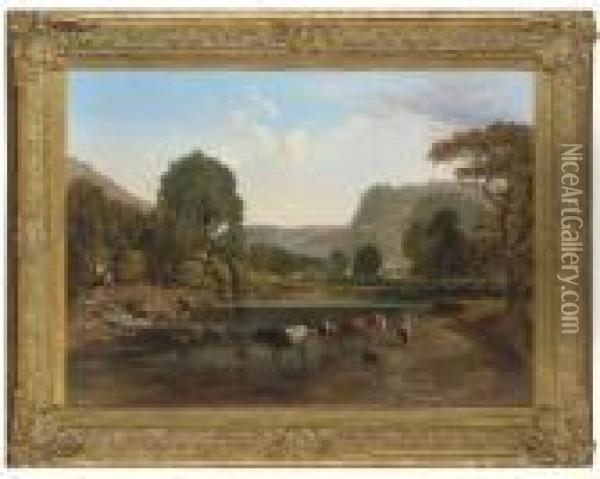 Cattle Watering In An Extensive Highland Valley, With Meadows And Cottages Beyond Oil Painting - Samuel Bough