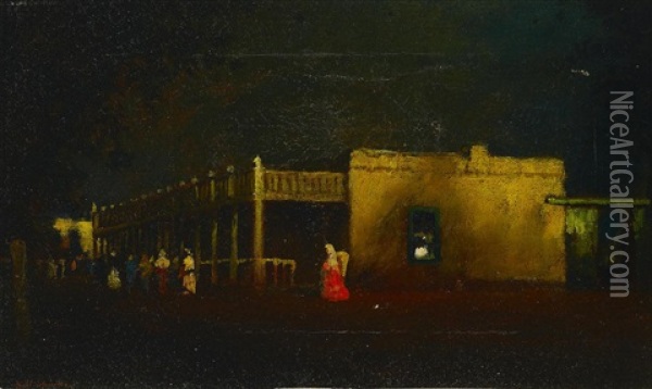 View Of Figures On A Street By A Hacienda Oil Painting - Will Sparks