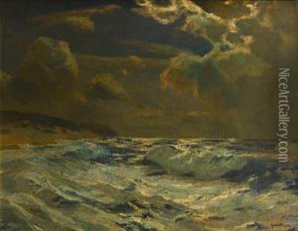 Stormy Night, Near Lands End Oil Painting - Julius Olsson