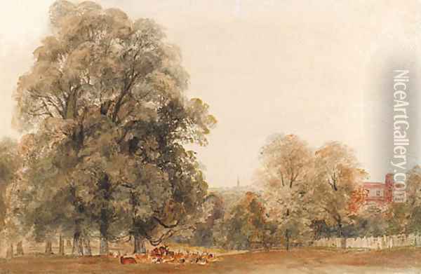 A herd of deer resting beneath a tree, Greenwich Park Oil Painting - Peter de Wint