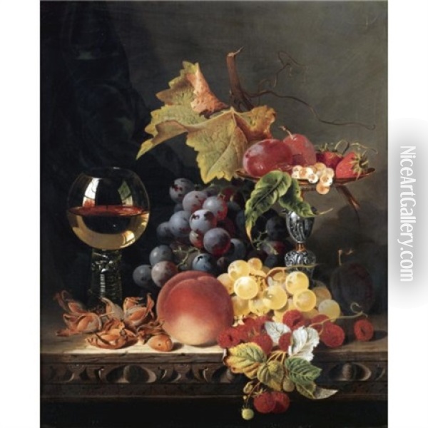 Still Life With A Wine Goblet And Silver Tazza, Grapes, Berries, Plums And Hazelnuts Oil Painting - Edward Ladell