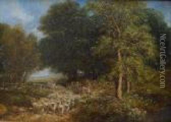 Droving Sheep Through A Gate On The Edge Of A Copse Oil Painting - John Linnell