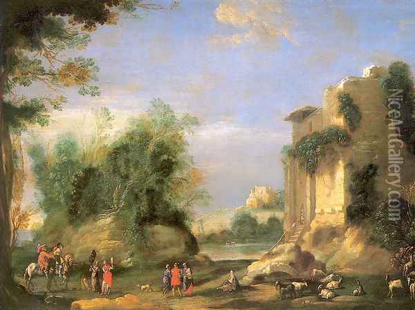 Landscape with Ruins and Figures copper Oil Painting - Filippo Napoletano