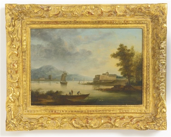 River Landscapes With Fortresses (pair) Oil Painting - Alexandre Jean Noel