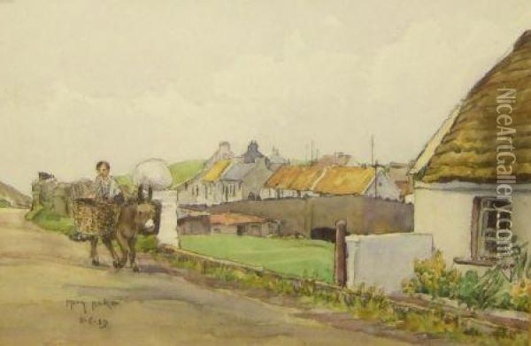 Irish Village Scene With Figure And Donkey Oil Painting - Mary Baker