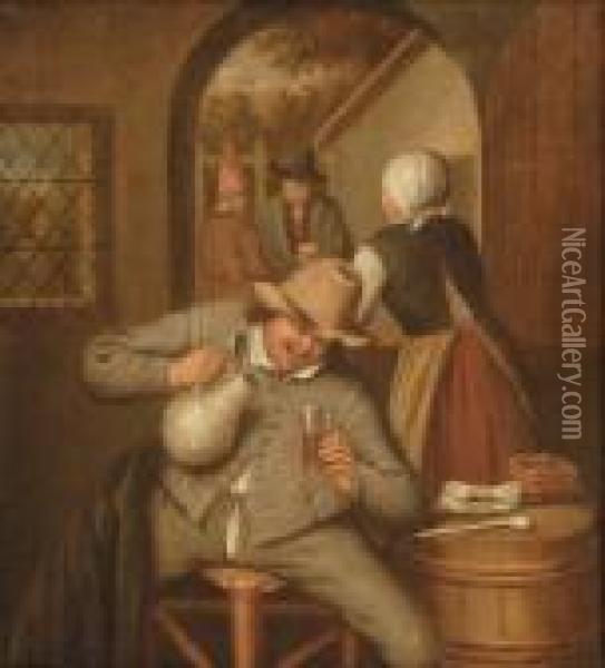 A Man Pouring Himself A Glass Of
 Beer In An Interior, A Woman Conversing With Other Figures Through A 
Half-opened Door Beyond Oil Painting - Cornelis Dusart