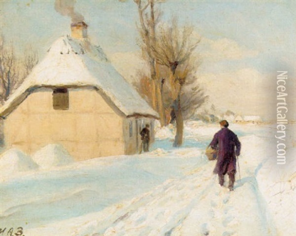 Vinterdag Ved Et Strataekt Hus, I Forgrunden Gaende Mand Pa Sneklaedt Sti Oil Painting - Hans Andersen Brendekilde