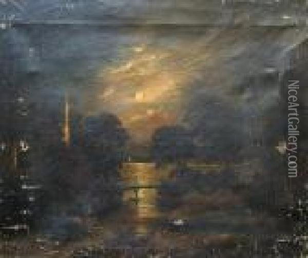 Moonlit River Scene Withwoodland And Bridge Oil Painting - Sebastian Pether