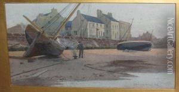 Shore Scene With Fisherman Caulking His Boat Oil Painting - Carleton Grant