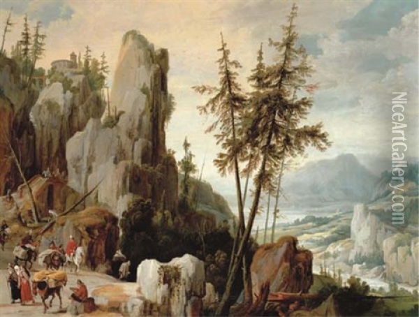 An Extensive Mountainous Landscape With Travellers On A Path Oil Painting - Joos de Momper the Younger