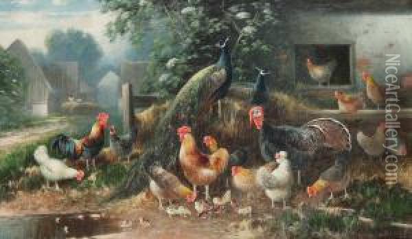 Kippen, 
Hanen, 
Kalkoen En Pauwen Op Het Erf Oil Painting - Otto Scheuerer