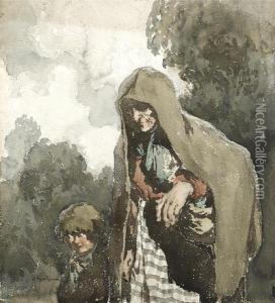 A Young Child And An Old Lady Oil Painting - William Heath Robinson