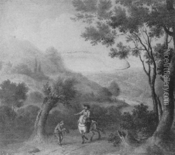 Landscape With Horseman In The Foreground, A Distant        Landscape Beyond Oil Painting - Willem van Mieris