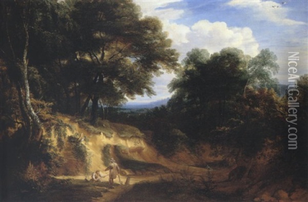 A Wooded Landscape With Huntsmen Resting In A Clearing By A Pond Oil Painting - Jacques d' Arthois