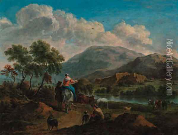An extensive river landscape with drovers on a path Oil Painting - Adriaen Van De Velde