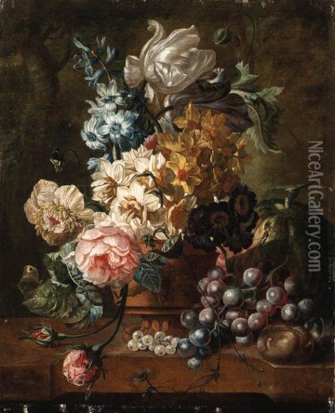 Roses, Tulips, A Hyacinth And 
Other Flowers In A Terracotta Vasewith A Melon, Grapes And Plums On A 
Marble Ledge Oil Painting - Paul-Theodor Van Brussel