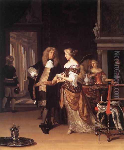 Elegant Couple in an Interior 1678 Oil Painting - Eglon van der Neer