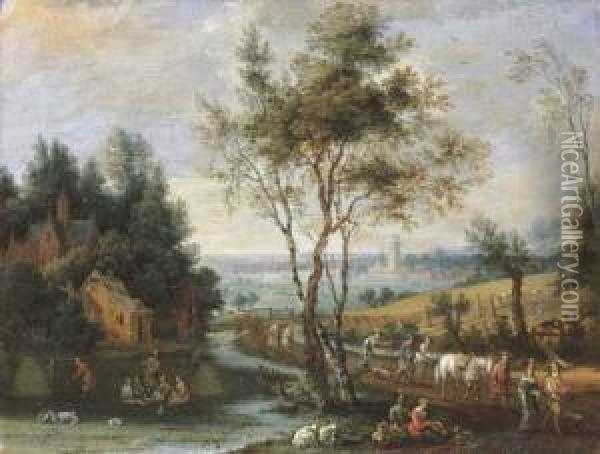 Summer: A Pastoral Landscape 
With Peasants At Harvest And Returningfrom Market, A City In The 
Distance Oil Painting - Pieter Gysels