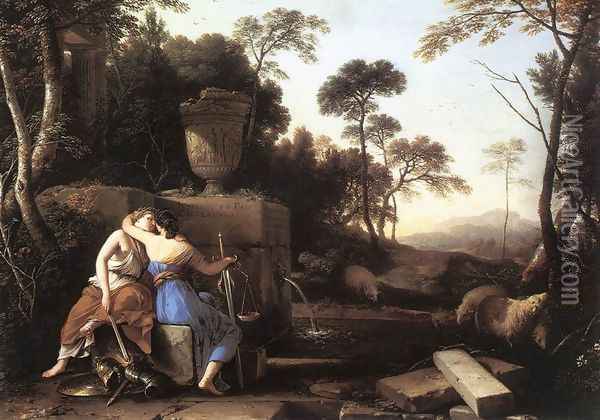 Landscape with Peace and Justice Embracing 1654 Oil Painting - Laurent De La Hire