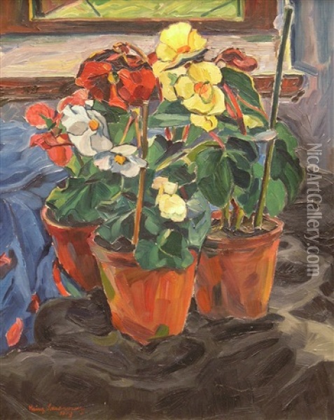 Stilleben Mit Blumentopfen Vor Dem Fenster Oil Painting - Heinz Lewerenz