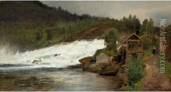 Foss Ved Osen (waterfall At Osen) Oil Painting - Anders Monsen Askevold